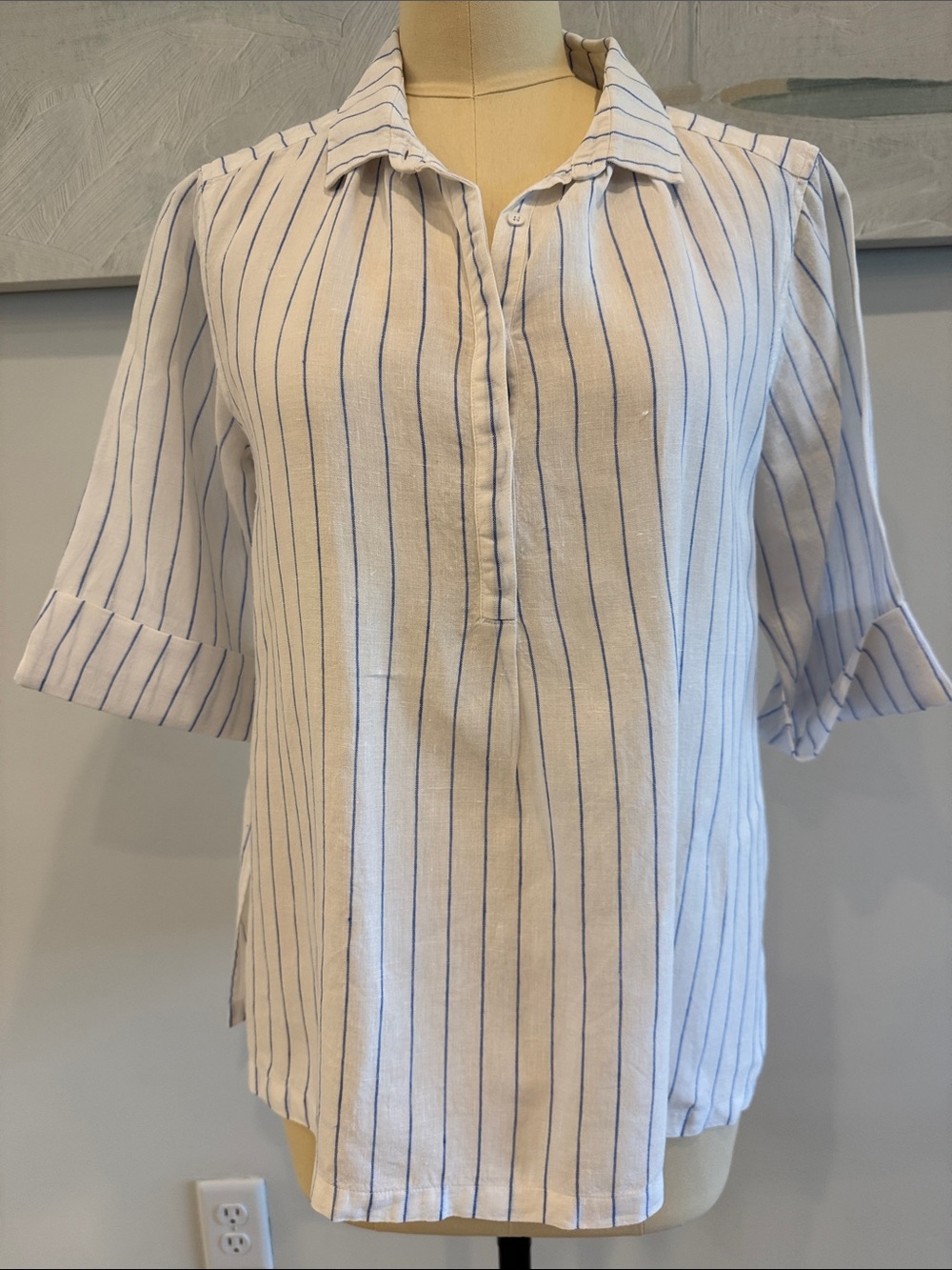 Striped White and Blue Collared Linen Women’s Blouse- AYR Size Medium